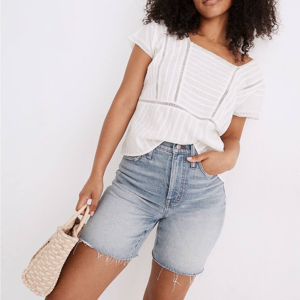 High rise mid length denim shorts Woodvale wash